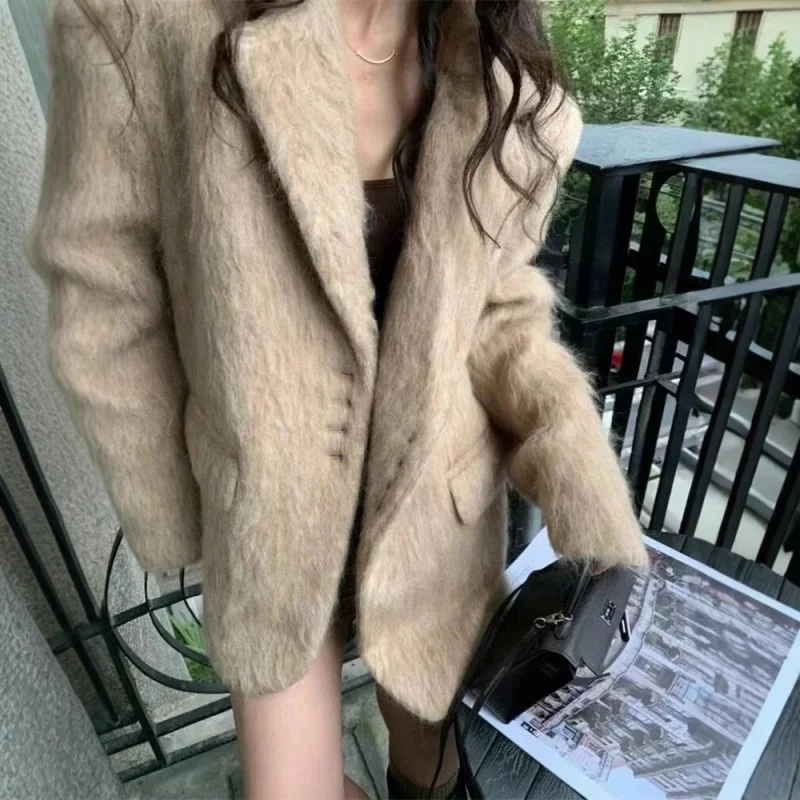 

's Fashion Turn-Down Collar Plush 's Single-Breasted Long Sleeve Elegant Coat Top Women