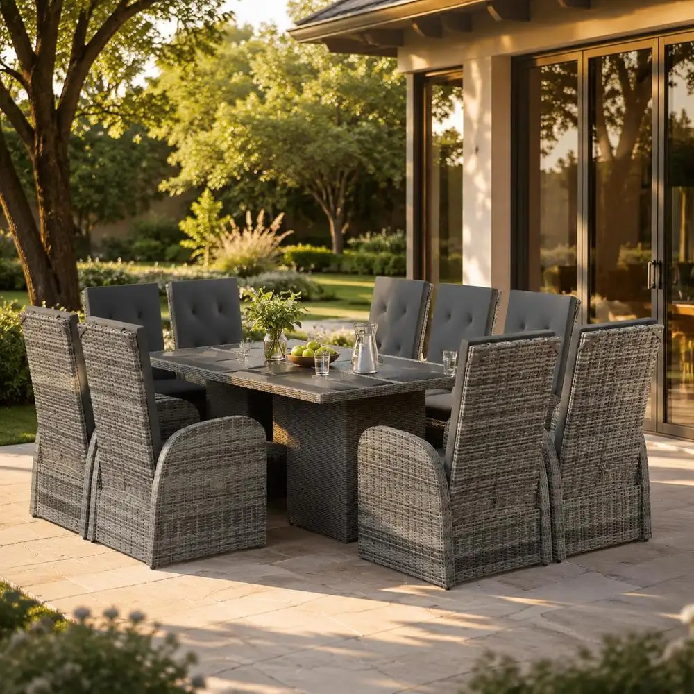 Ensemble repas de jardin en polyrotin résistant 120 x 70 x 75 cm, dossier réglable, coussin épais, housse lavable, table avec plateau en verre trempé, mobilier confortable pour terrasse, cour, balcon