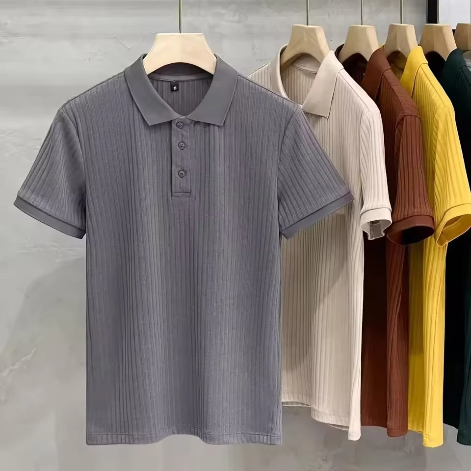 

Summer Men's Solid Color Polo Shirts Casual Trendy Trn-down Collar Short Sleeve Business Slim T-shirts Male New Fashion Clothes