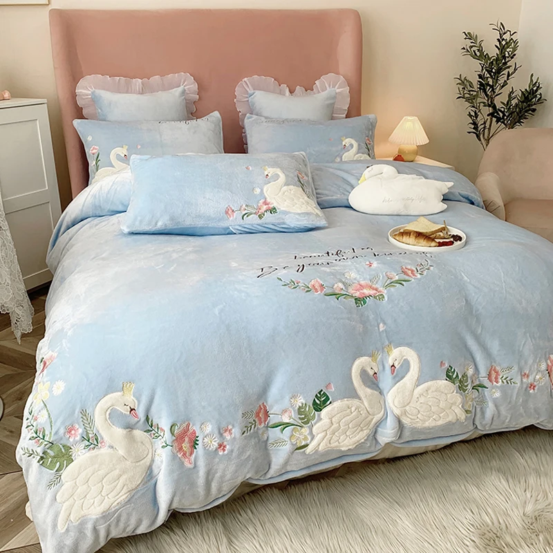 Four-Piece Winter Fleece-Lined Warm Coral Fleece Bedding Milk Flannel Princess Quilt Cover Double-Sided Push Cute Preservation