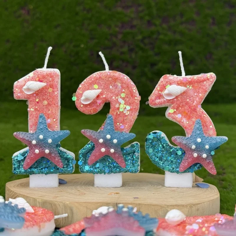 Little Mermaid Birthday Party Candle Seashells and Starfish 0-9 Number Birthday Candle Natural Bee Wax Candle for Girls