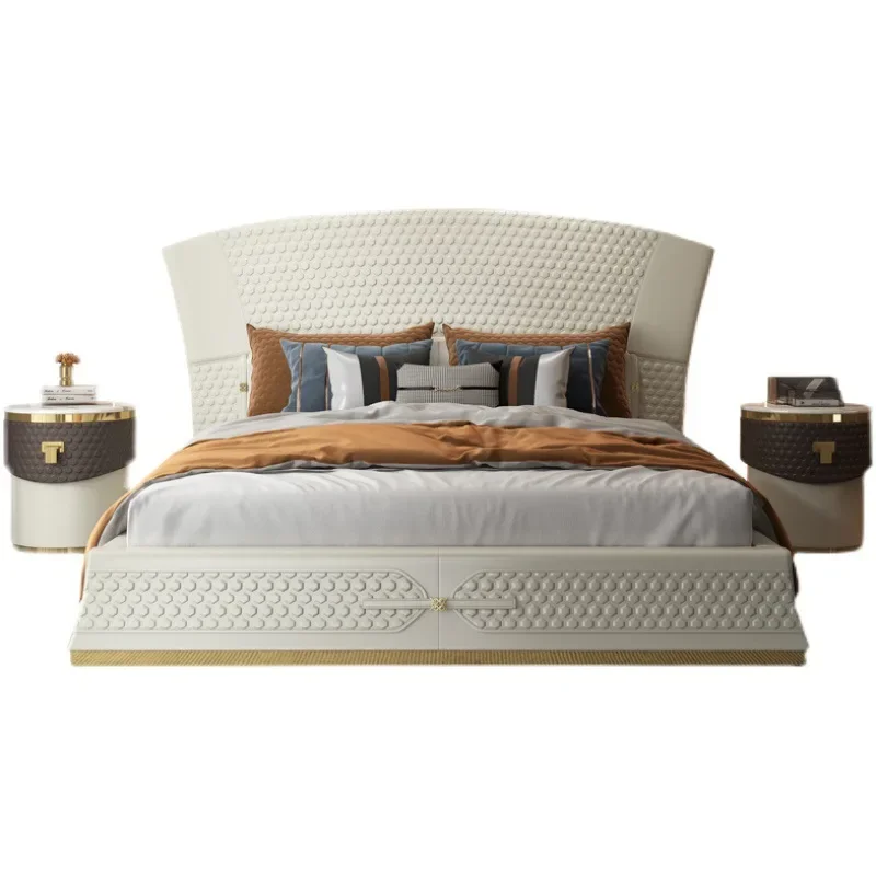 

Italian double master bedroom bed, whole house light luxury furniture leather bed