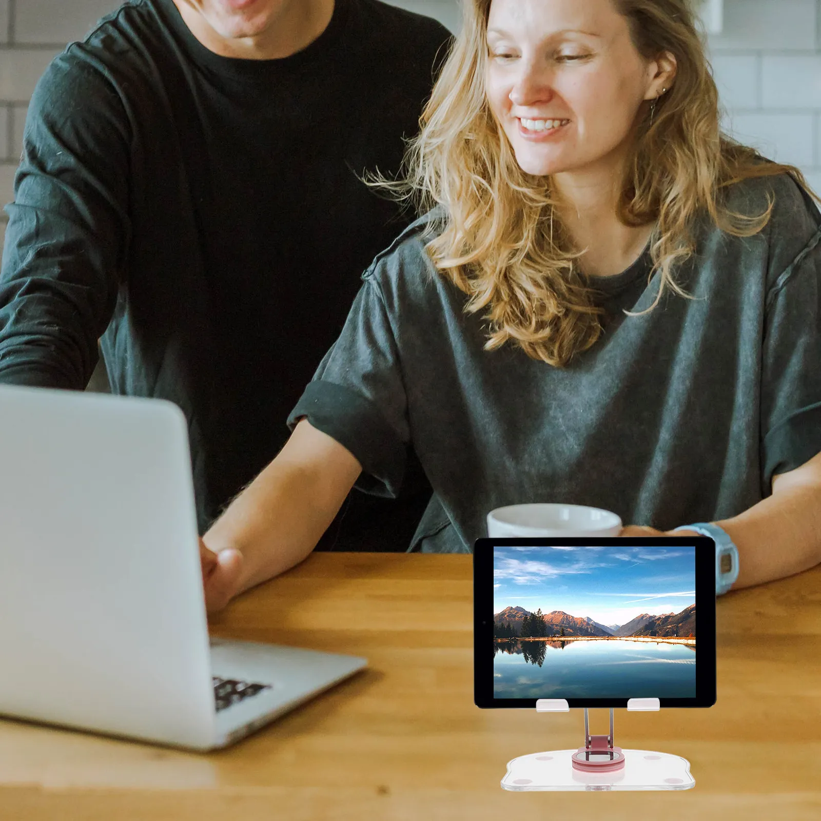 

Adjustable Tablet Stand Clear Acrylic Foldable Desktop Holder 360 Rotation for Home Office Video Call Drawing Ergonomic Support