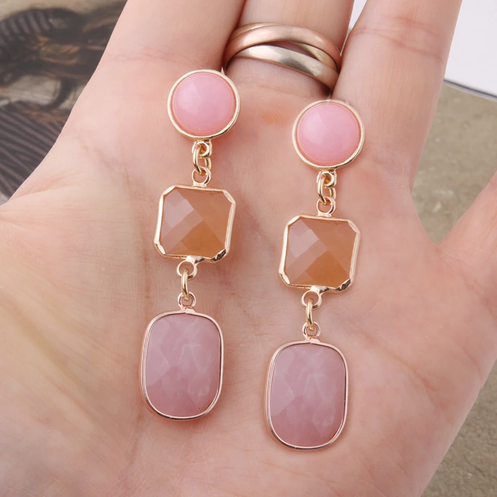 Trendy Natural Stone Freshwater Pearl Earrings For Woman Pink Crystal Stone Drop Hanging Brinco Geometry Party Charm Jewelry