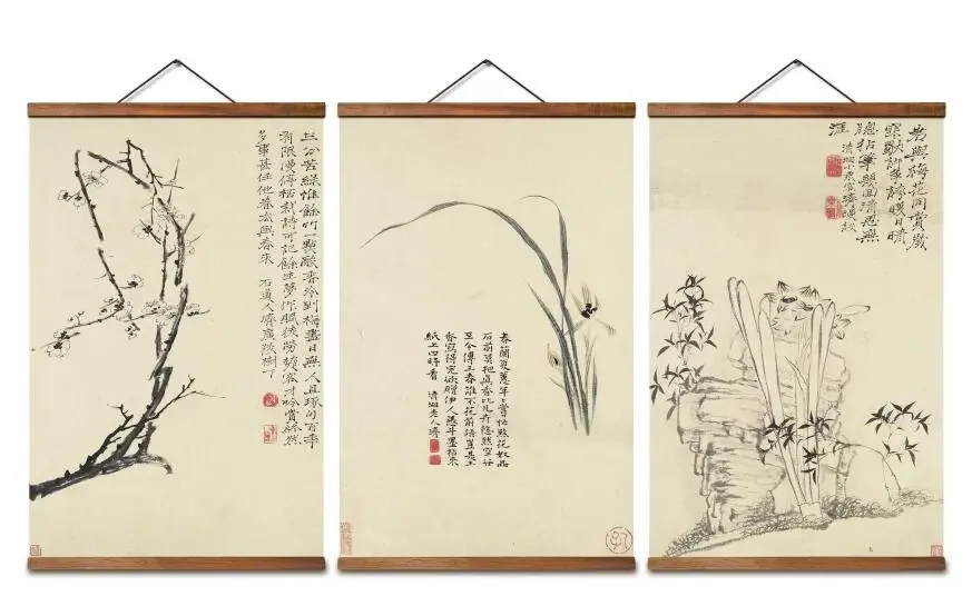 AS3013 Chinese Style Green Plants Room Wall Art Canvas Posters Chinese Solid Wood Scroll Paintings