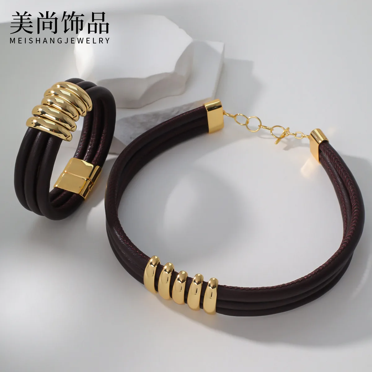 New Maillard niche design fashionable temperament high-grade leather necklace bracelet women light luxury elegant accessories