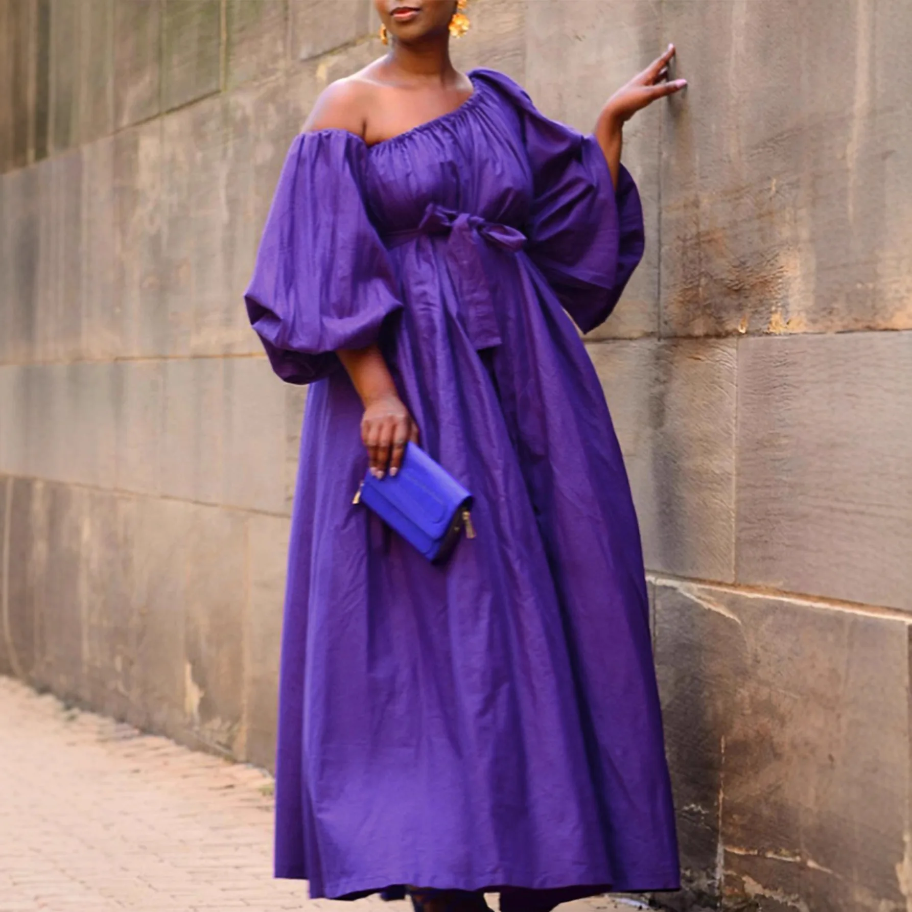 Elegantes Kleid in Übergröße mit Schräghalsausschnitt, Laternenärmel, solide Party, Hochzeit, Gast, plissiert, A-Linie, hohe Taille, langes Kleid für Damen