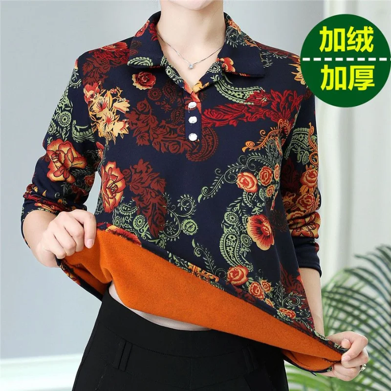 Winter New Fleece Printing Bottoming Shirt Long Sleeve Polo Neck Loose Button All-match Tops Tees Vintage Casual Women Clothing