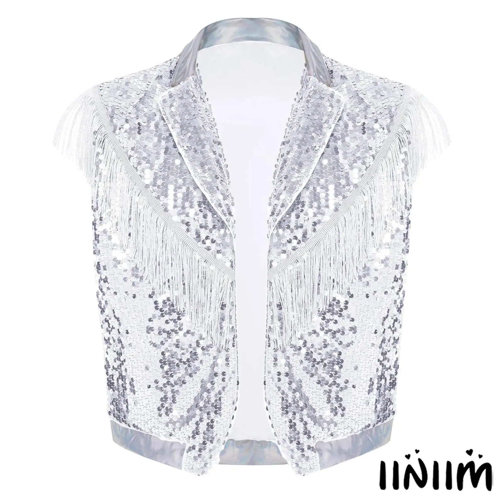 New Men Sparkling Sequin Vest Top Sleeveless Lapel Open Front Tassel Metallic Shiny Tank Top for Hip Hop Jazz Nightclub Stage