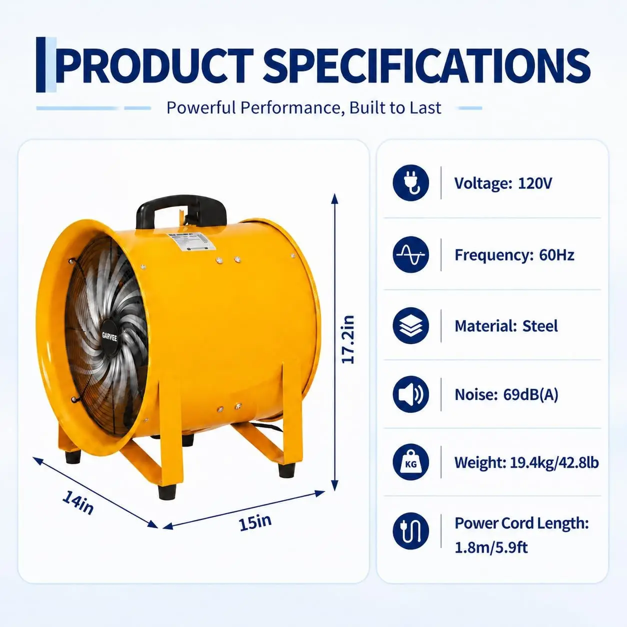 12 Inch Heavy Duty Utility Blower Fan, 3500 CFM High Velocity Portable Industrial Exhaust Fan with 32.8 ft Vinyl Hose, for Warehouses, Basements, Garages, Confined Spaces, Yellow