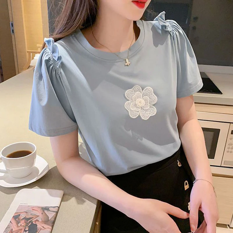 Women Korean Style Ruffle 3D Fllower Sweet Y2K Cotton T Shirt Summer Casual Chic Short Sleeve Solid Tops Ropa De Mujer Camisetas