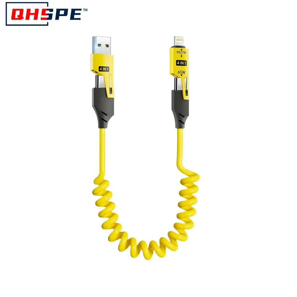 4 in 1 65W Spring Short Data Cable 6A USB Type C Spring Telescopic Quick Charger Wire Spring USB Cable for iPhone 15 14 13 12