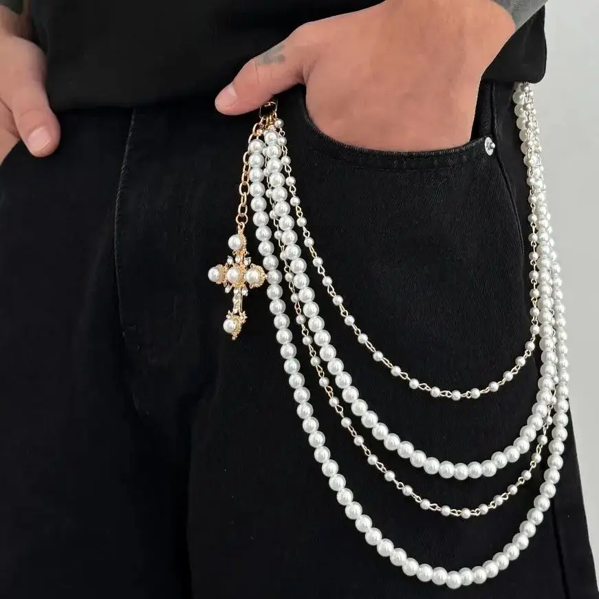 Salircon Exquisite Multilayer Imitation Perle Brieftasche Gürtel Kette Schlüsselbund Männer HipHop Trend Kreuz Anhänger Jean Kette Charme Schmuck