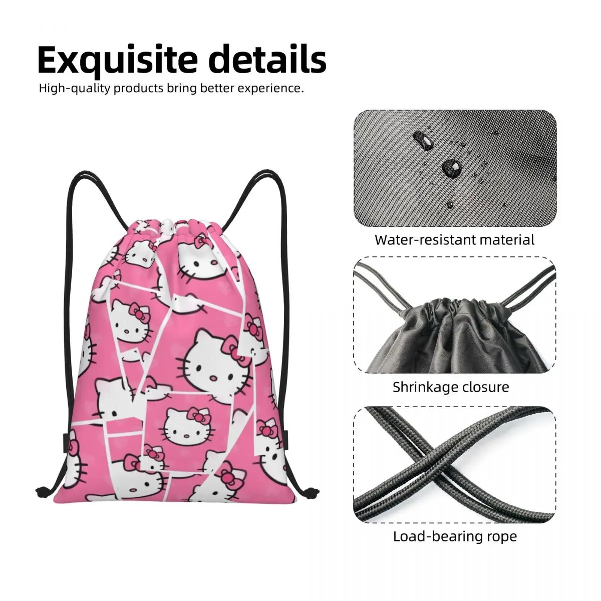 Custom Hello Kitty Cartoon Cat Pattern Drawstring Backpack Sports Gym Bag for Men Women Shopping Sackpack