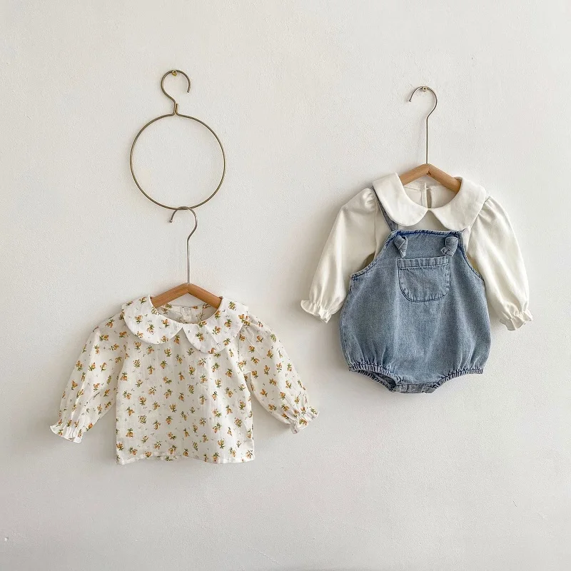 2023 Autumn Baby Girl Clothes Long Sleeve Peter Pan Collar Flower T-shirt Tops Pocket Denim Romper Bodysuit INS Outwear 0-24M