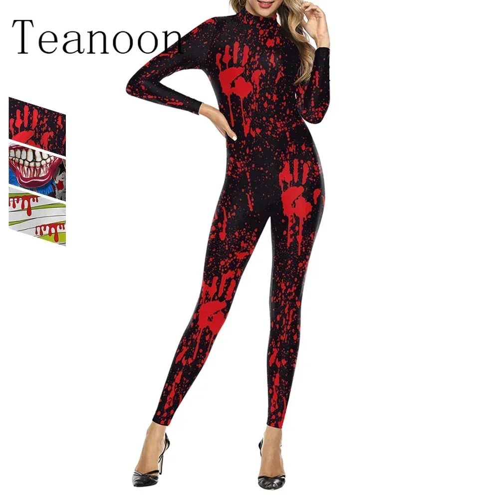

2024 New Halloween Women Jumpsuit Long Sleeve Horror Printing Holiday Party Funny Cosplay Costumes Stage Performance Bodysuit