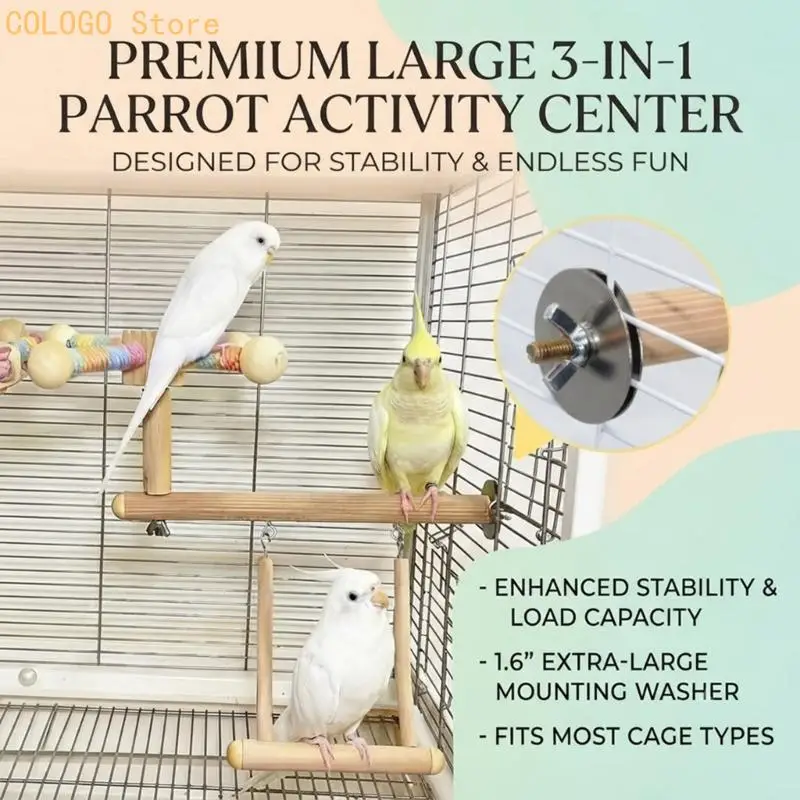 Bird Cage Perch Swing for Small and Parrots, 3in1 Wooden Cage Mount Toy with 360 Rotating Top Perch, Rope Wrapped Grip and