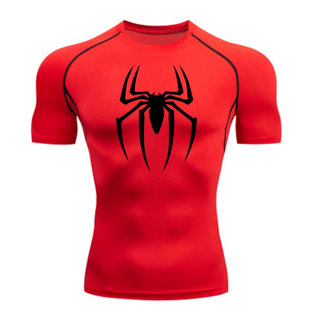 2024Men\'s Spider Print Compression Shirt, Quick Dry T-Shirt, Gym Running Jersey, Breathable Short Sleeve, Spring, Summer, M-3XL