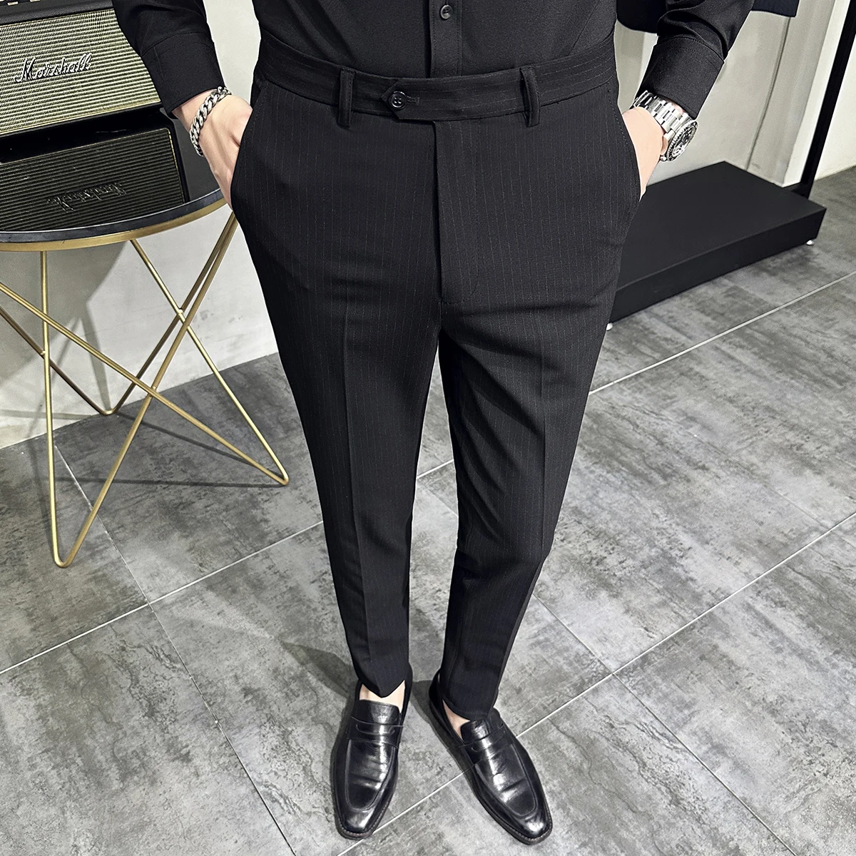 

New Business Casual Suit Pants Men Stripe High Waist Straight Office Formal Trousers Classic Style Suit Long Pants Plus Size L04