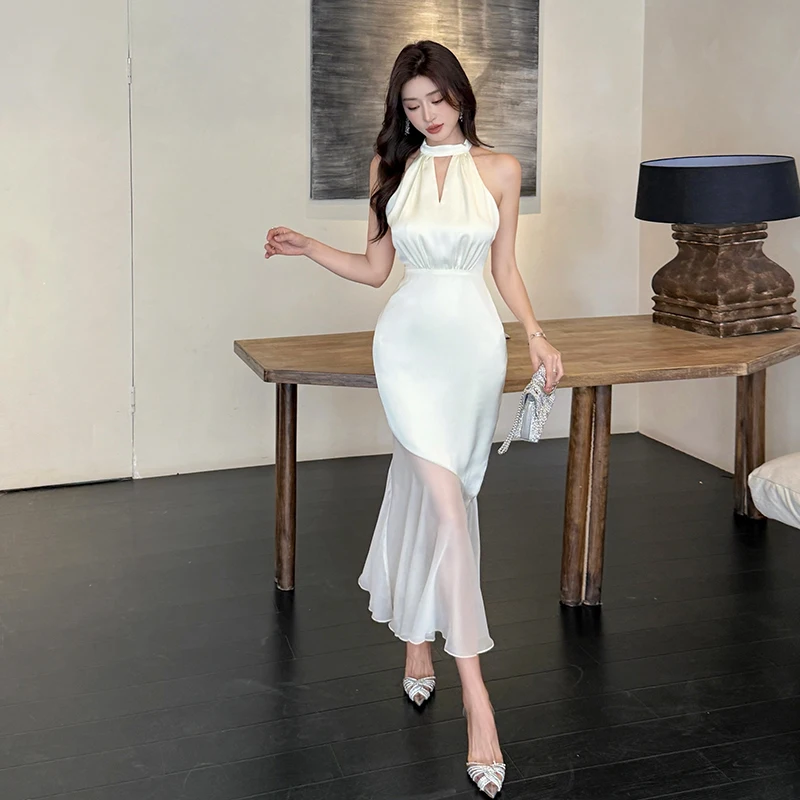 أنيقة البوق حورية البحر الساتان مكتب اللباس المرأة الصيف الجوف خارج الرسن الرقبة أكمام مثير فساتين الحفلات المسائية #3