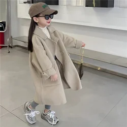 Girls Warm Woolen Coat Winter Girls Thicken Tweed Outerwear Big Kids  Long Overcoat Autumn Fashion Loose Fitting Jackets 3-14Y