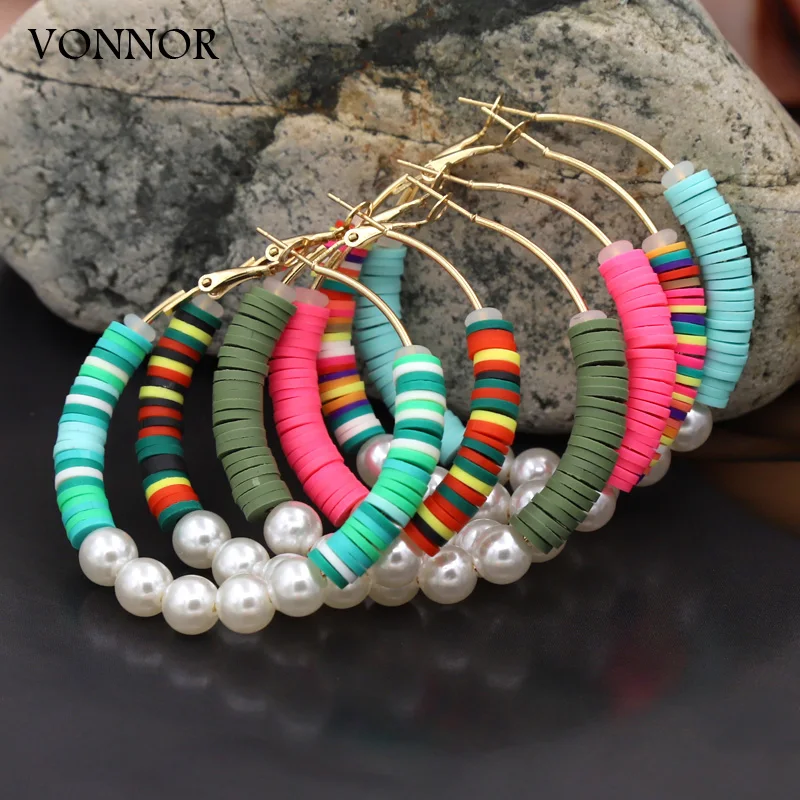 Fashion Colorful Earrings Handmade Beaded Imitation Pearl Clay Hoop Earrings for Wmoen Girls 2024 Jewelry Gifts Wholesale