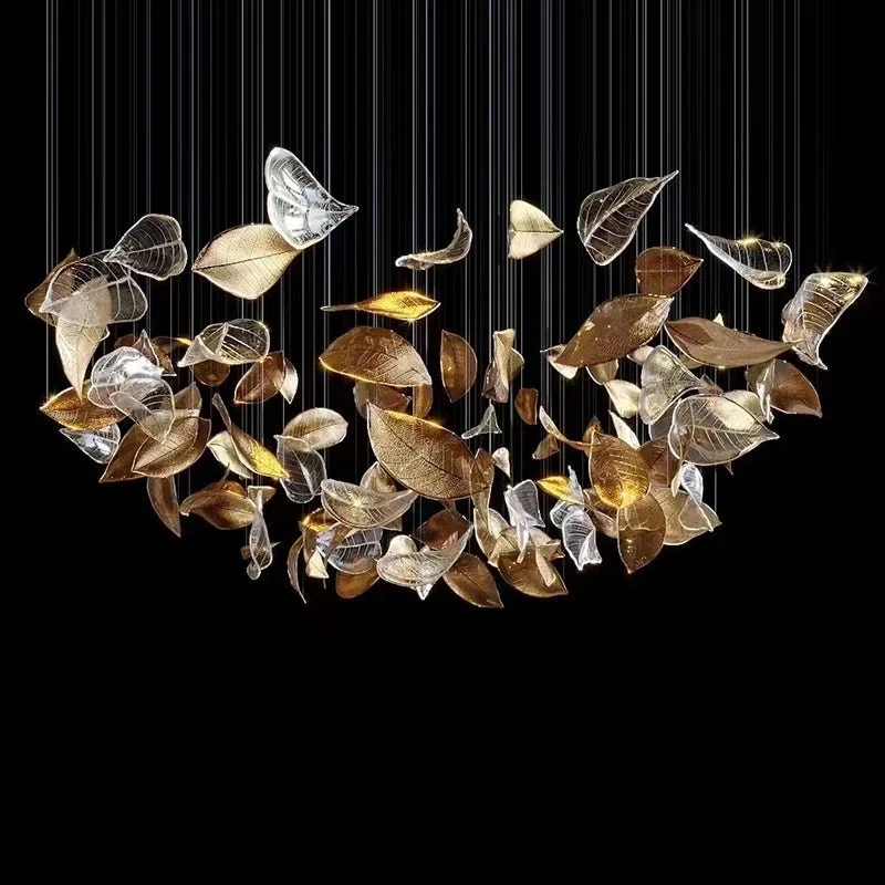 Glass Leaves Chandelier Shaking Golden Clear Glass Pendant Custom Large Luxury Lighting Fixture For Villa Staircase Hotel Lobby