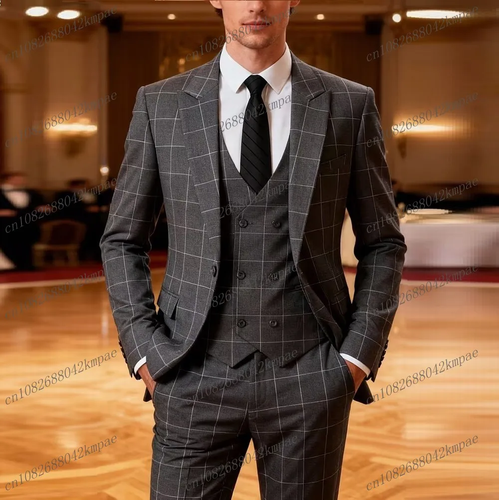 

New Plaid Grey Men Suit Groom Groomsman Wedding Party Formal Business Prom Male Tuxedos 3 Piece Set Blazer Vest Pants