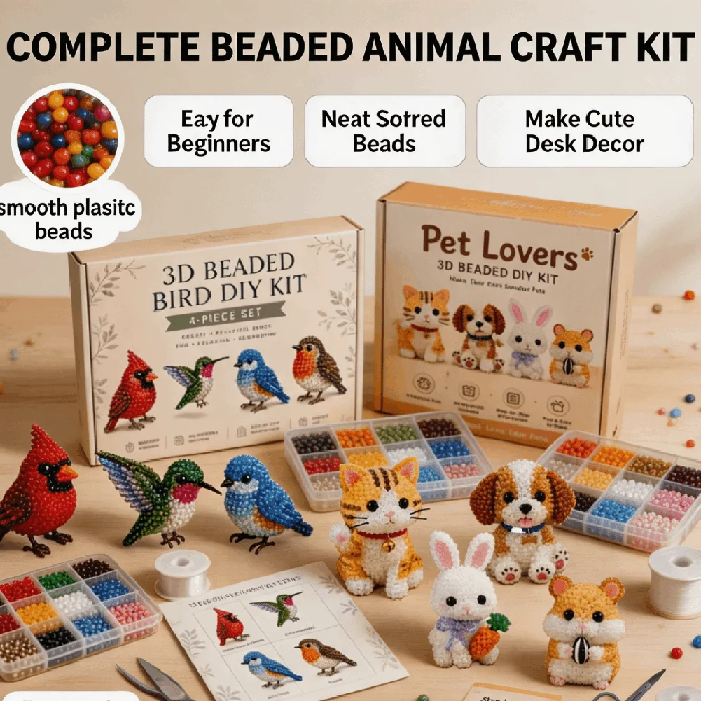DIY Beading Craft Kit 3D Beaded Birds & Pets & Gnomes Handmade Figurine Making Complete Material Craft Set Home Decoration