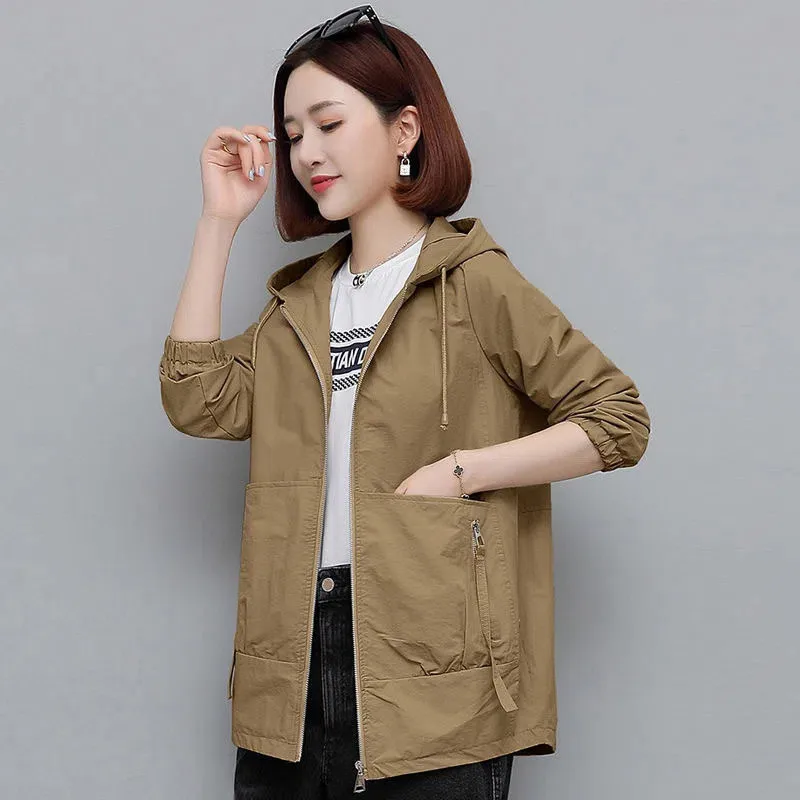 

Casaco Feminino 2024 Hooded Windbreaker Jackets Women Spring Autumn Trench Coat Loose Outwear Zipper Pocket Outwear Female