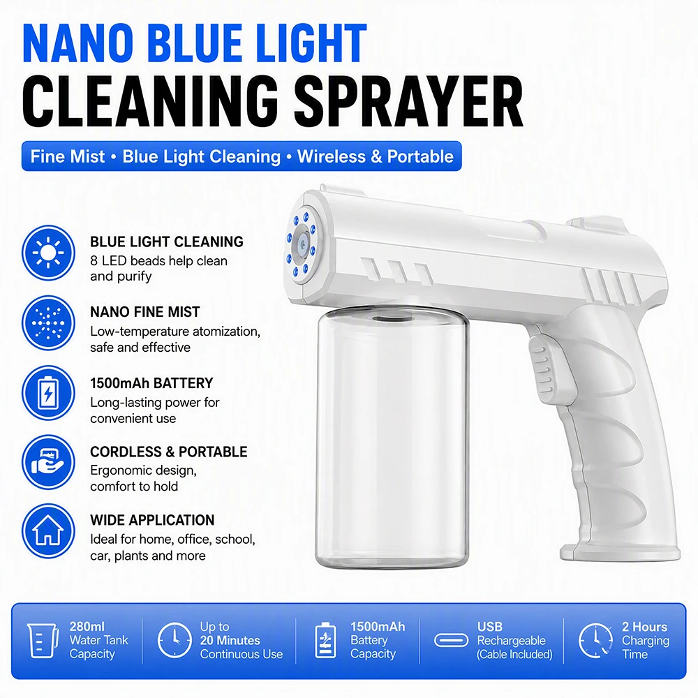 Portable Nano Atomizer 280ml Large Capacity Anti-Clog Spray Design 8 Blue Light USB Rechargeable Cold Fog Machine for School Office Salon Home Maintenance
