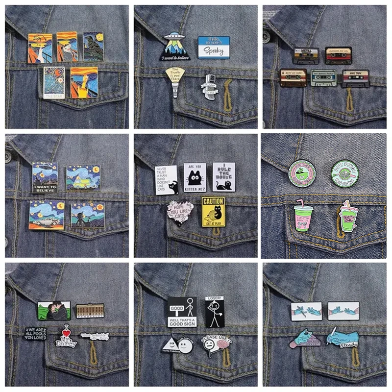 Creative Abstract Geometry Set Enamel Pins Retro Radio Cassette Tape Art Oil Painting Screaming Duck Brooch Lapel Badge Jewelry