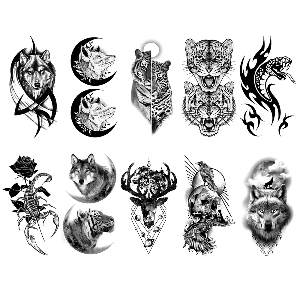 10pcs Waterproof Temporary Tattoo Sticker Dark Wolf Lion Tiger Eagle Snake Deer Skeleton Scorpion Body Art Arm Tattoo Women Men