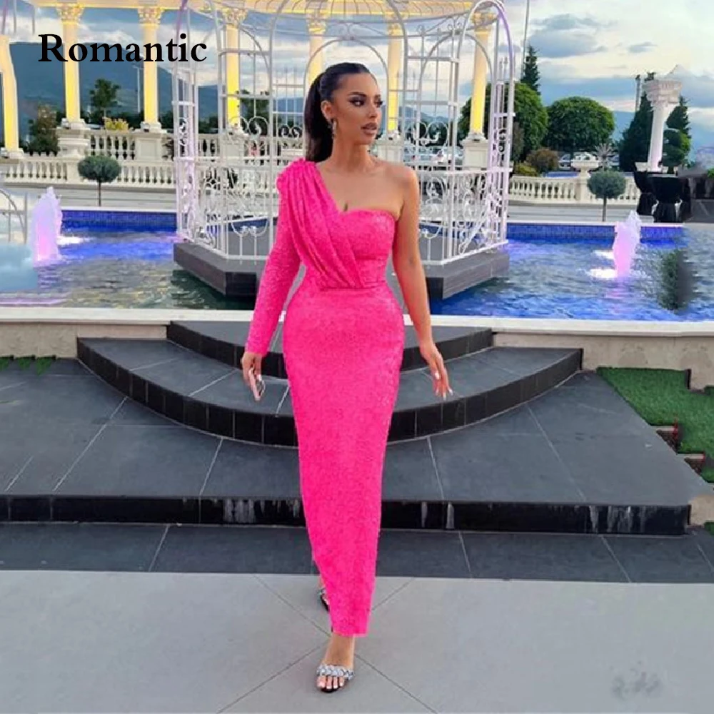 

Romantic A Line Evening Dress One Shoulder And Sleeves Lace Ankle Length Long Prom Gowns For Women Saudi Arabia Vestido de festa