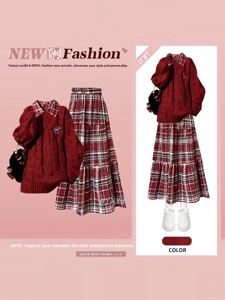 

Red Three-Piece Set Women's Fashion College Style Winter Loose V-Neck Sweater Plaid Shirt High Waist Skirt Outfit Ensemble