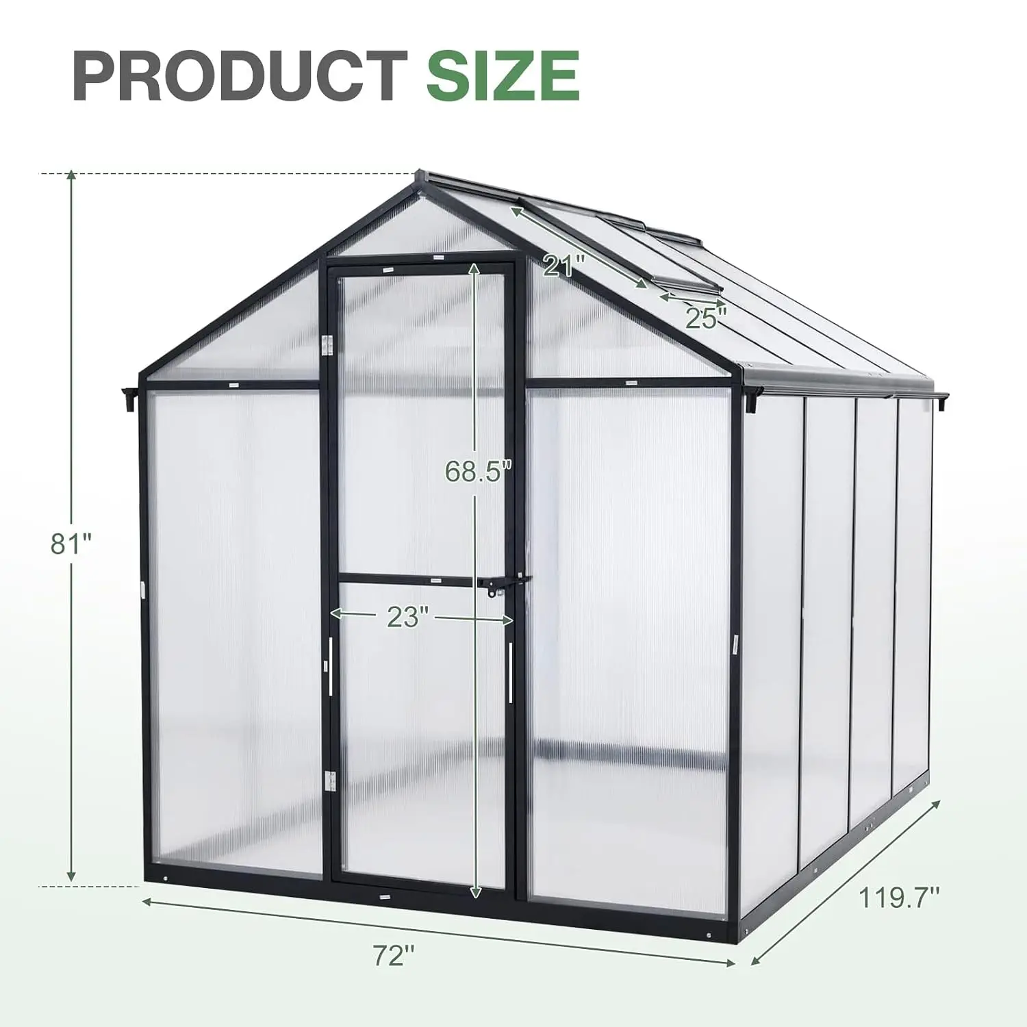 6 x 10 Ft Walk-in Greenhouse with Gutter, Polycarbonate and Heavy-Duty Aluminum Frame, Adjustment Skylight, Customized