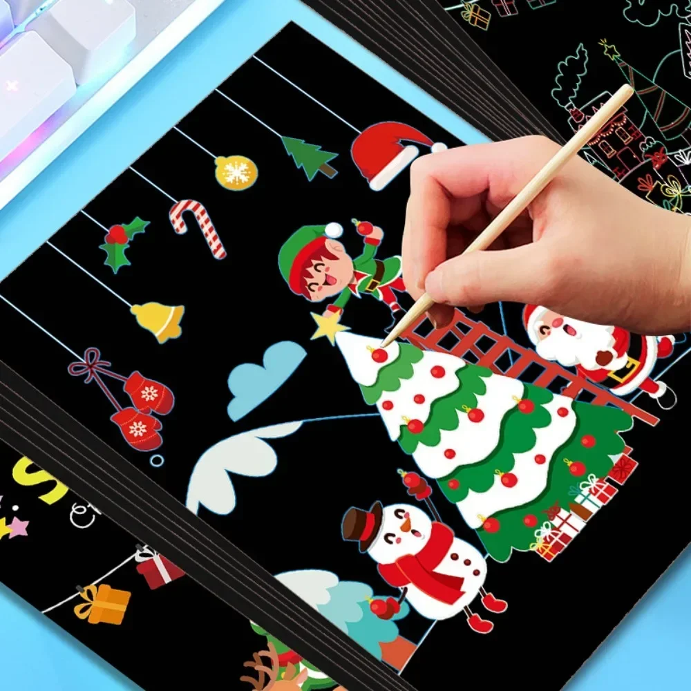 Christmas Cartoon Scratch Off Painting Rainbow Paper Craft DIY Drawing Board Kids Drawing Toys DIY Education Toys for Children