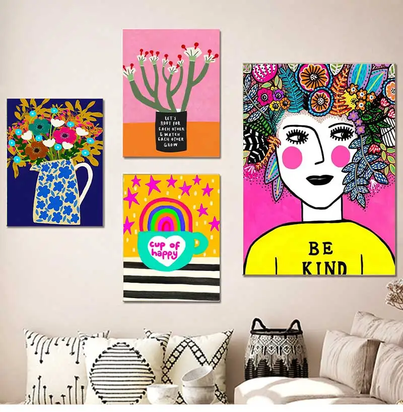 Nordic posters and prints for room decoration, wall photos, colorful flower, rainbow, cup, lady leopard, canvas painting