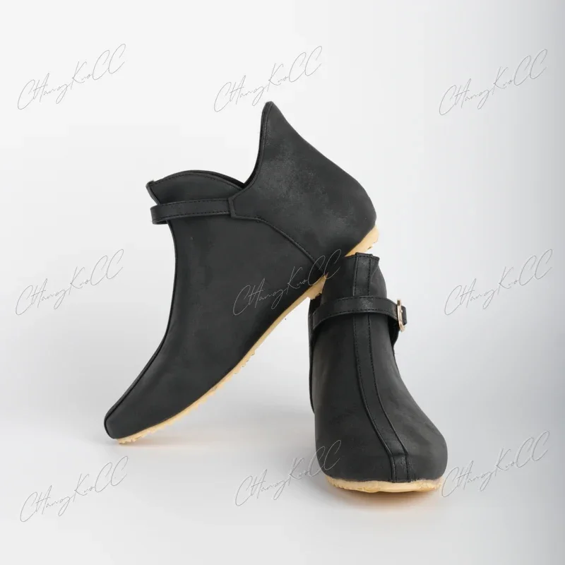 Botas de couro vintage medieval masculino com fivela marrom, sapatos baixos curtos, cavaleiro viking, príncipe, cosplay, fantasia pirata, renascentista