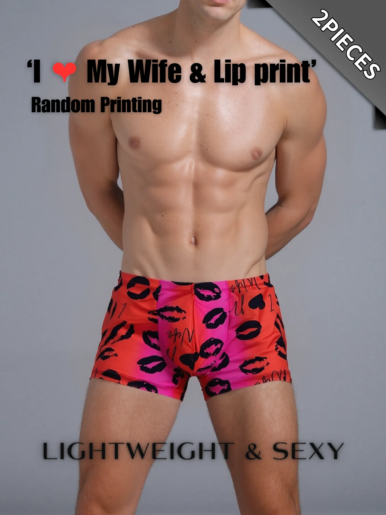 

2Pcs men's high-quality mesh see-through sexy underwear, featuring 'I Love My Wife' + 'Lips' print, with gradient color