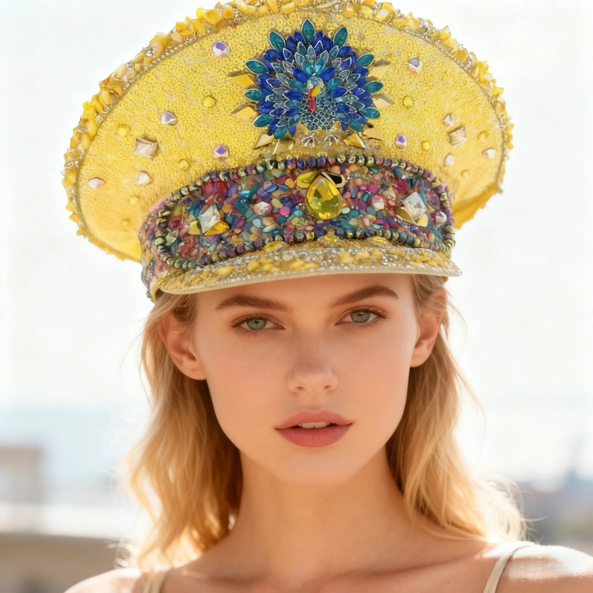 ホンルアン イエローレーザーレザーループキャプテンハット ラインストーン＆ミリタリーキャップ 女性用、レイブフェスティバルアクセサリー＆パーティーキャップ男性用