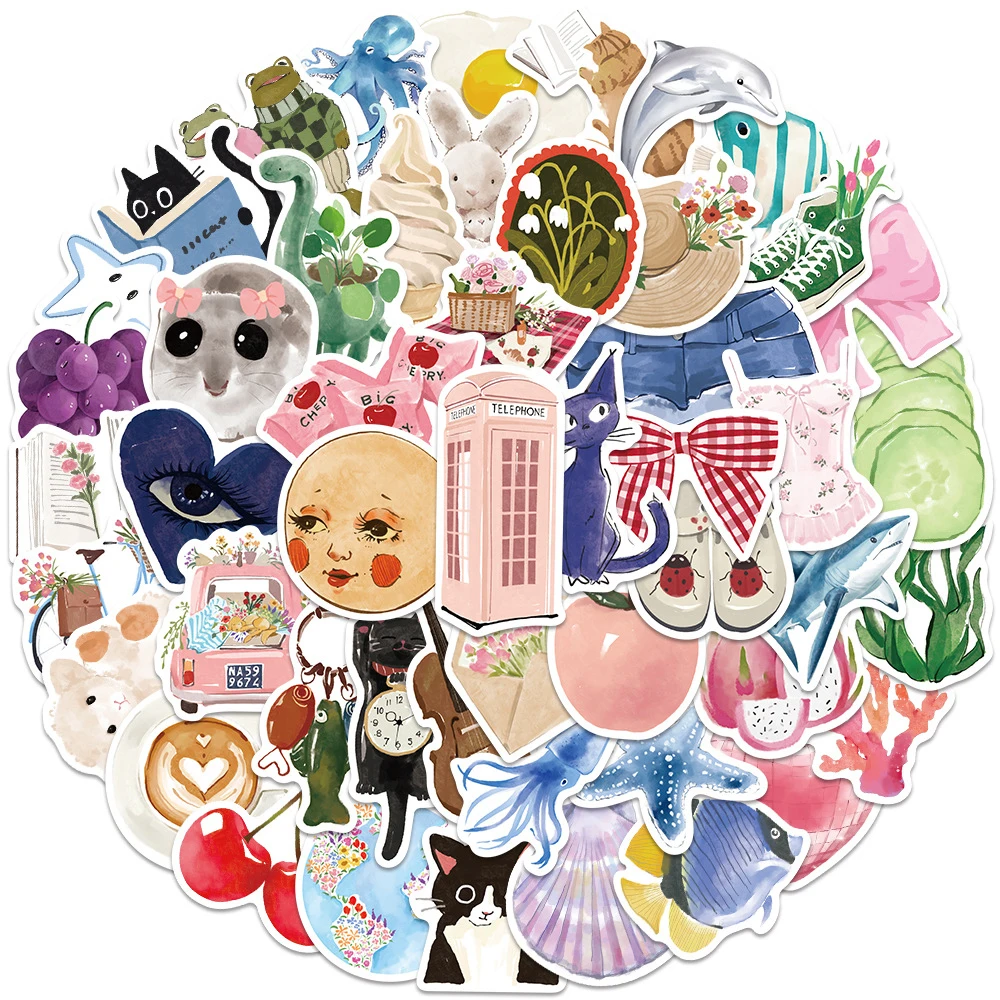 

10/30/50/100pcs Watercolor Diary Art Graffiti Stickers Funny Cartoon Decals Fridge Phone Guitar Notebook Cute Sticker Decoration