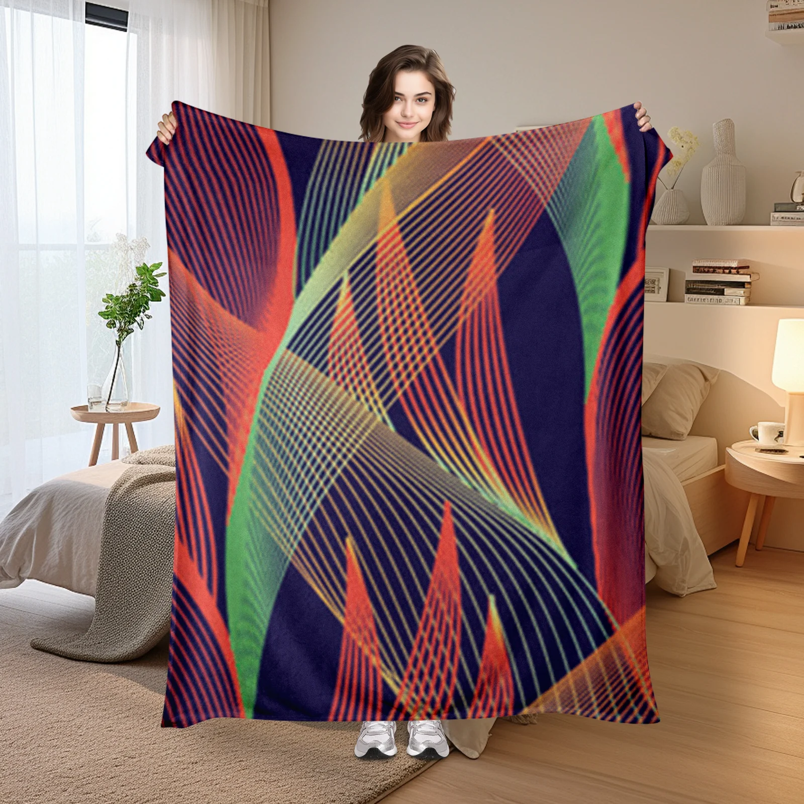 Modern Line Design Blanket In Vibrant Green Rich Orange And Deep Navy For Eclectic-Themed Decor And Unique Gift For Adults