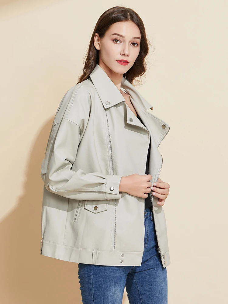 Fitaylor Autumn Women Faux Leather Jacket Casual Loose Soft Pu Motorcycle Punk Leather Coat Female Zipper Rivet Outerwear