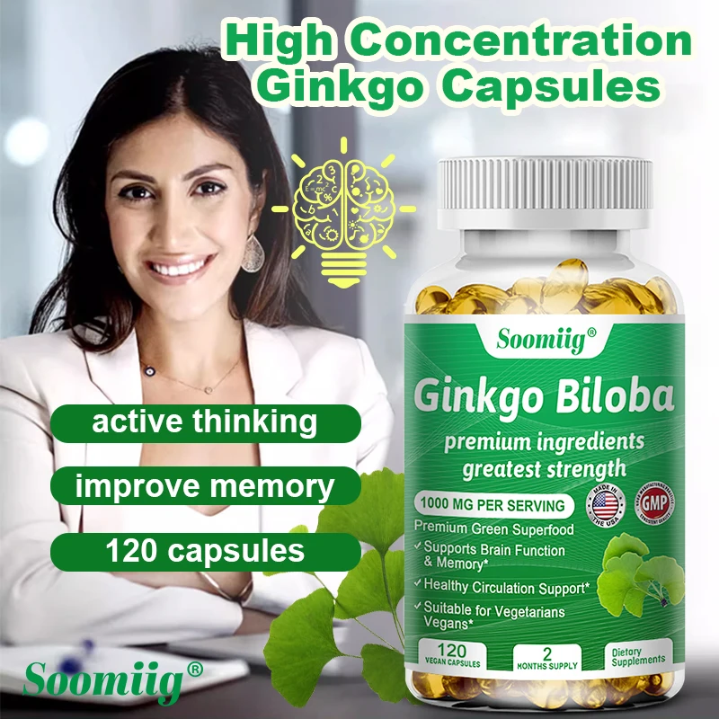 Soomiig Ginkgo Biloba Universal Brain Health Dietary Supplement, 1000 Mg, 120 Veggie Capsules - Improves Memory, Concentration