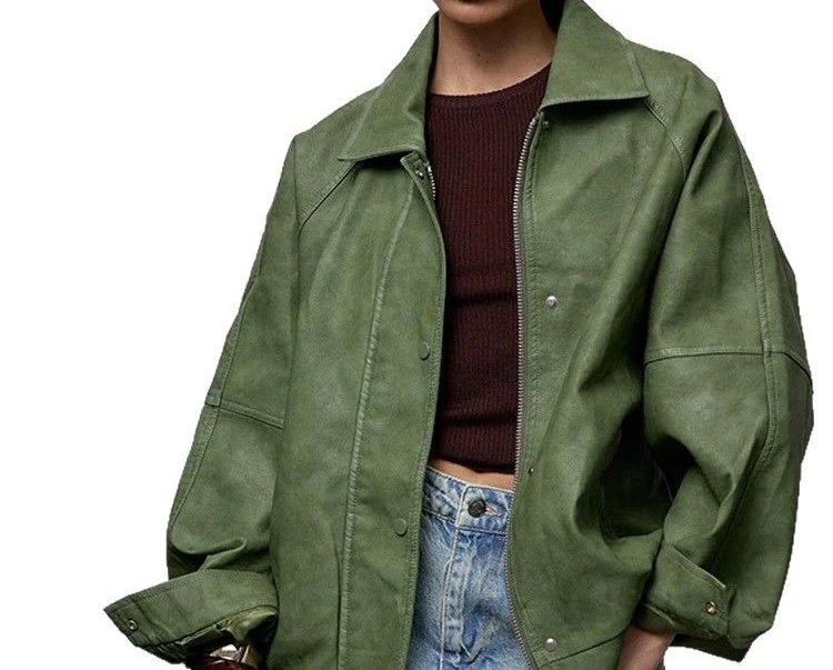 Fashion and Casual Loose Solid Color Leather Jacket, 2025 New Women's Clothing