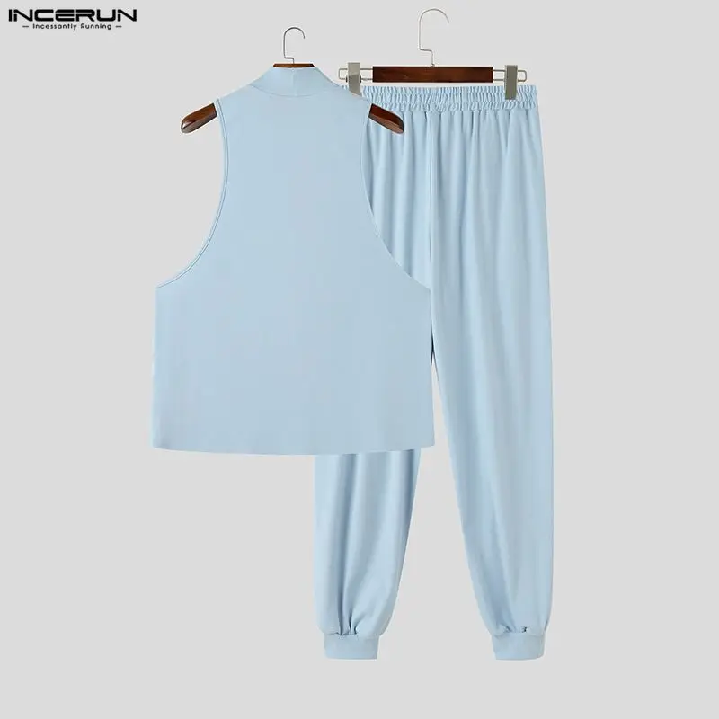 INCERUN Men Sets Solid Color Turtleneck Sleeveless Tank Tops Pants Two Piece Sets Streetwear Casual Men Matching Sets Tracksuits view 5