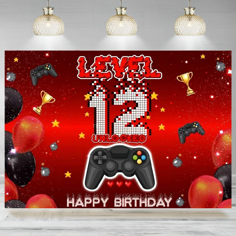 Backdrop Banner Decoration Video Game 12th Birthday Red Black 12 Years Old Theme Bday Background Photography Party Decor(1)