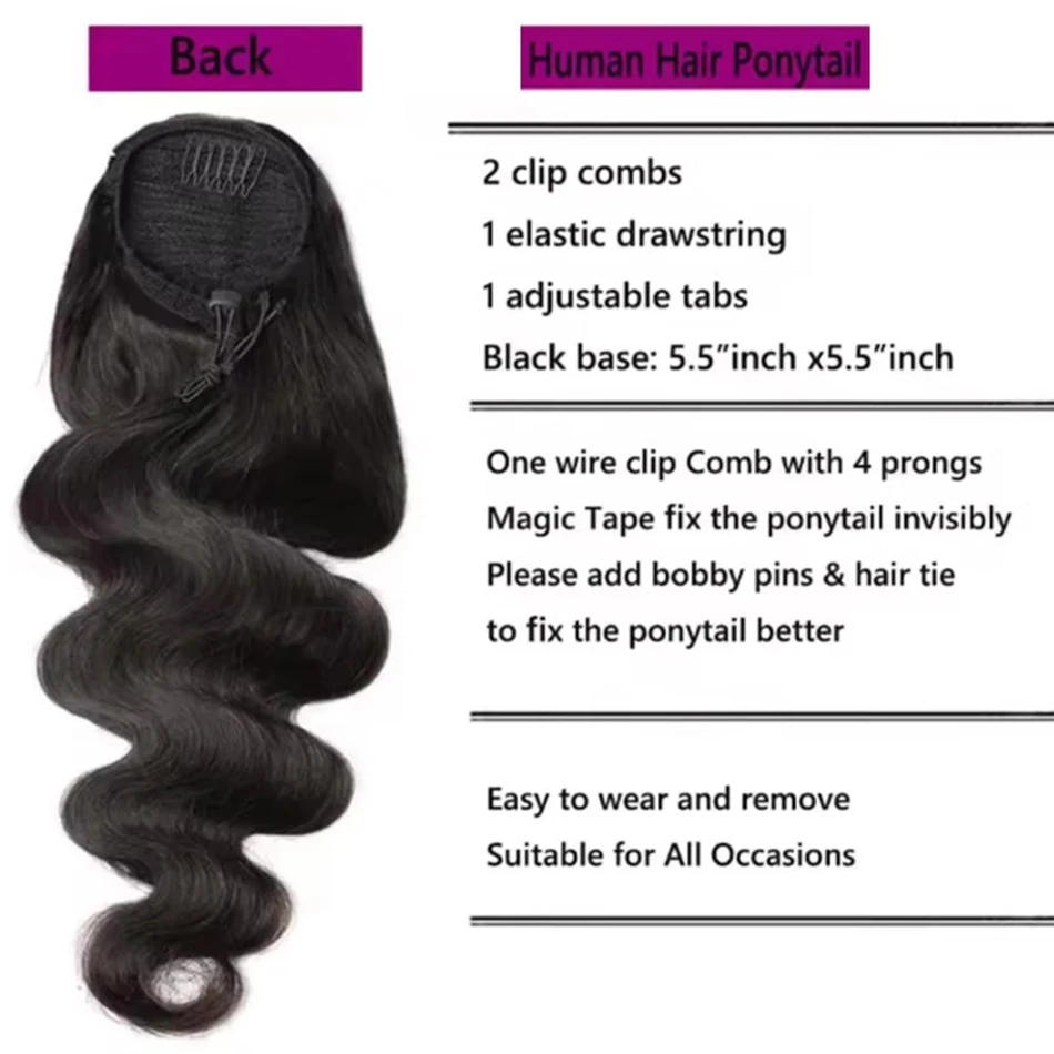 Cola de caballo Body Wave de cabello humano con cordón, rizos de agua, extensiones de cabello humano Remy, cola de caballo, negro natural 5