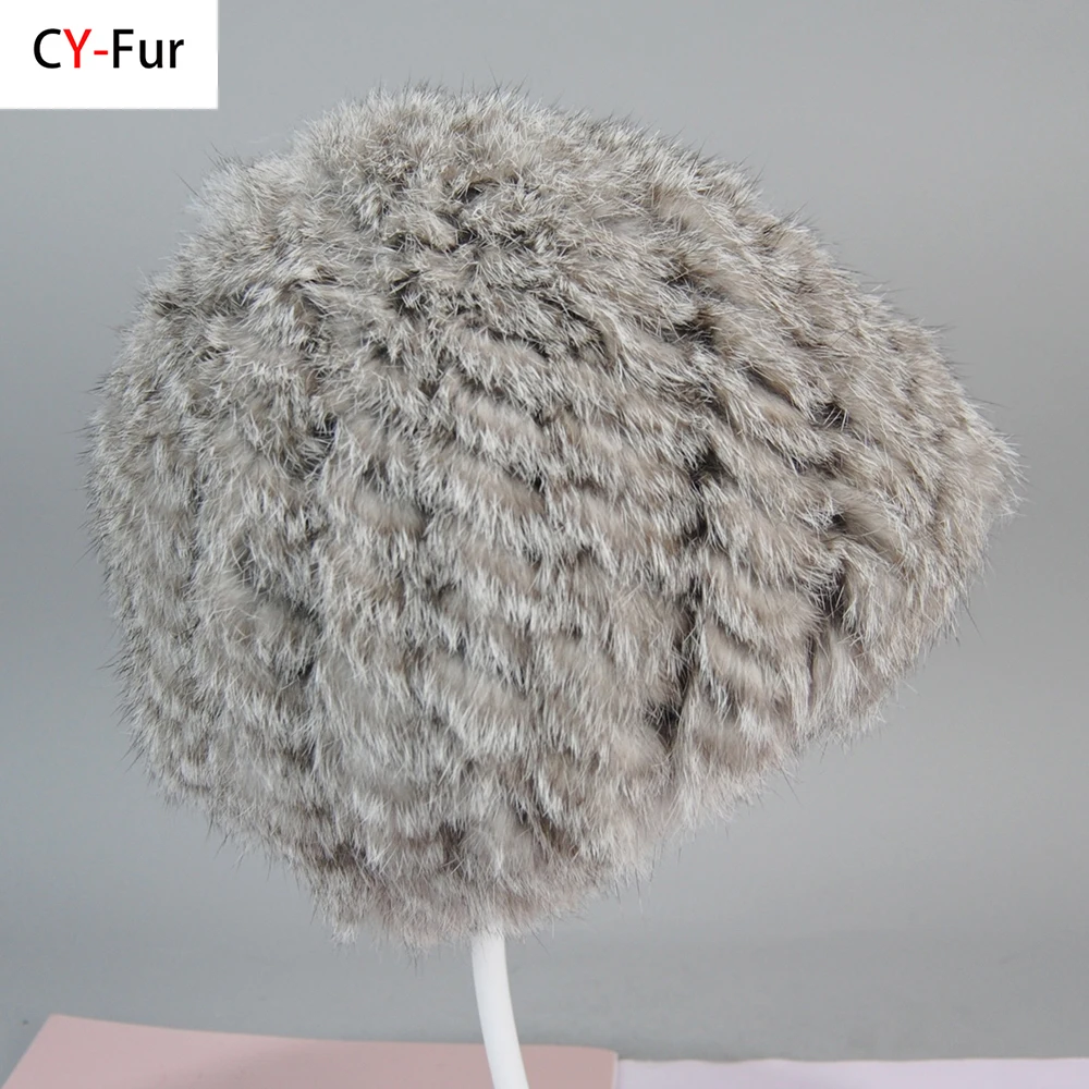 Russian Women Good Elastic Real Rabbit Fur Skully Hat Lady Winter Warm Knitted Genuine Rabbit Fur Hats Outdoor Fluffy Fur Caps